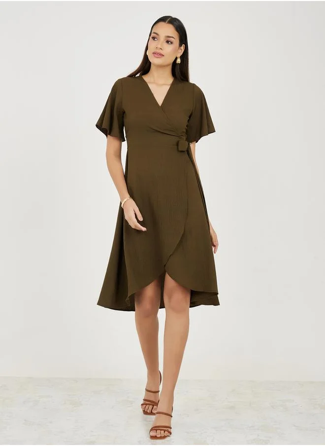 Styli Textured Wrap Knee Length Dress with Tie Waist