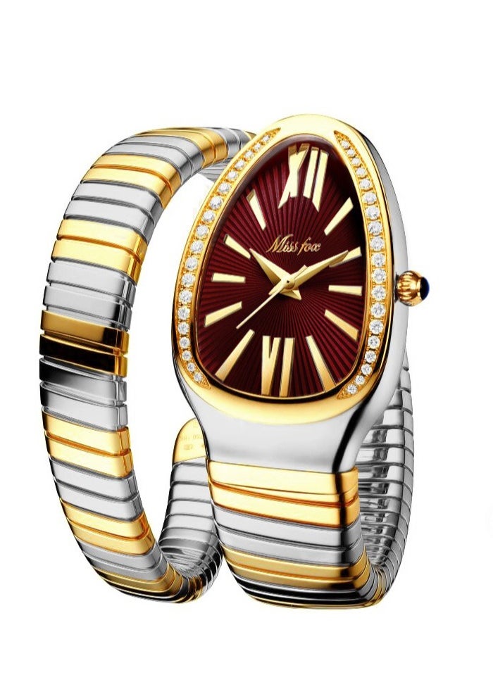 MISS FOX Ladies'fashionable and personalized snake head bracelet,stainless steel diamond inlaid snake shaped watch,luxurious gold snake shaped watch,waterproof diamond quartz watch gift  - Image 1