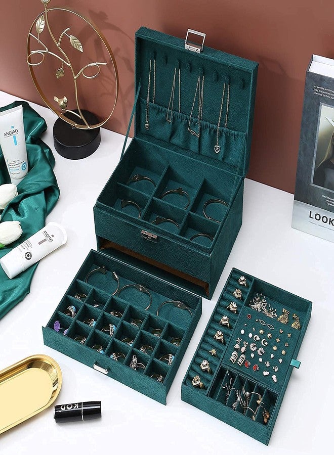 Gnanex علبة مجوهرات مخملية من غنانكس، علبة مجوهرات ثلاثية الطبقات، حقيبة مكياج ومستحضرات تجميل، حقيبة تخزين مزودة بقفل للخواتم والقلائد والأقراط والساعات (عبوة من قطعة واحدة)، أخضر - Image 2