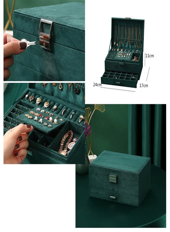 Gnanex علبة مجوهرات مخملية من غنانكس، علبة مجوهرات ثلاثية الطبقات، حقيبة مكياج ومستحضرات تجميل، حقيبة تخزين مزودة بقفل للخواتم والقلائد والأقراط والساعات (عبوة من قطعة واحدة)، أخضر - Image 3