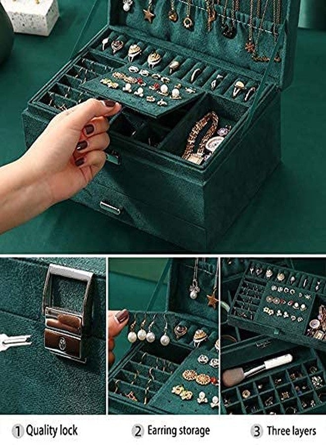 Gnanex علبة مجوهرات مخملية من غنانكس، علبة مجوهرات ثلاثية الطبقات، حقيبة مكياج ومستحضرات تجميل، حقيبة تخزين مزودة بقفل للخواتم والقلائد والأقراط والساعات (عبوة من قطعة واحدة)، أخضر - Image 5