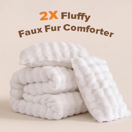 YIKUSH White Comforter Set Full – Ultra Soft & Warm Faux Fur Comforter for Winter, Elegant Fluffy Cream Comforter with Pillowcases, Cozy White Full Bedding Set - Image 2