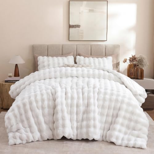 YIKUSH White Comforter Set Full – Ultra Soft & Warm Faux Fur Comforter for Winter, Elegant Fluffy Cream Comforter with Pillowcases, Cozy White Full Bedding Set - Image 1