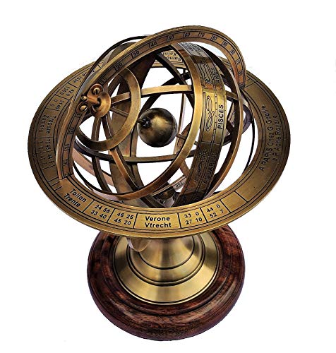 Castle Instruments Antique Brass 11" Armillary Sphere Globe Astrolabe Zodiac Engraved Celestial Globe Wooden Base - Image 1