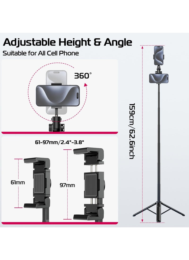 Ulanzi - ULANZI MT-70 Extendable Phone Tripod, 63" Selfie Stick Phone Vlog Tripod Stand with 2 Phone Clip, 360° Rotate Dual Camera Tripod for iPhone Sony Canon Action Camera, Lightweight for Travel - Image 1