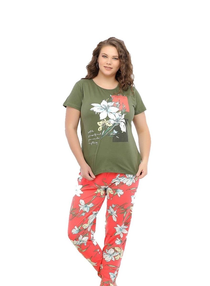 Ganna Women's short-sleeved pyjamas and summer long pants made of cotton large sizes 