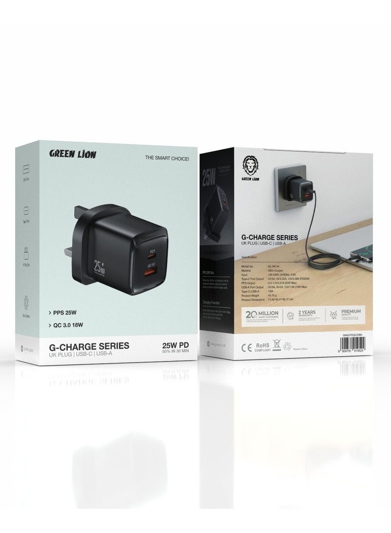 GREEN LION Dual Port Wall Charger G-Charge Series/ PD25W & QC 18W/ PPS 25W Max/ Type-C Charger/USB-A Charger/ Ultra-Compact Travel Charger/ UK Plug/Fast Charging Wall Charger - Black - Image 2