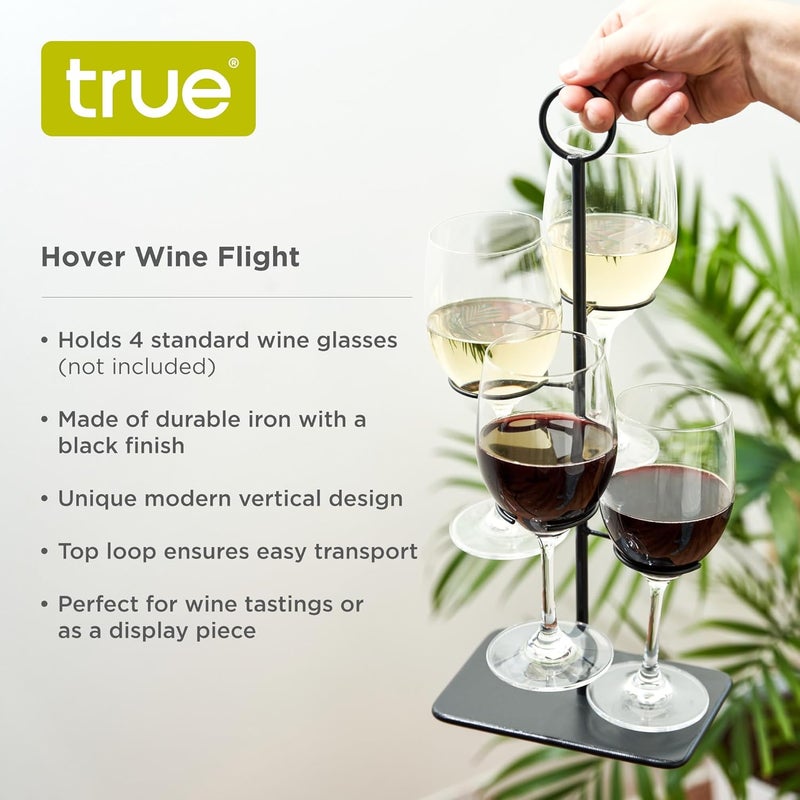 True Hover Flight Server Made of Iron, Holds 4 Stemmed Wine Glasses or Champagne Flutes, Hosting Essentials, Home Bar Cart Accessories, Set of 1 Black - Image 1