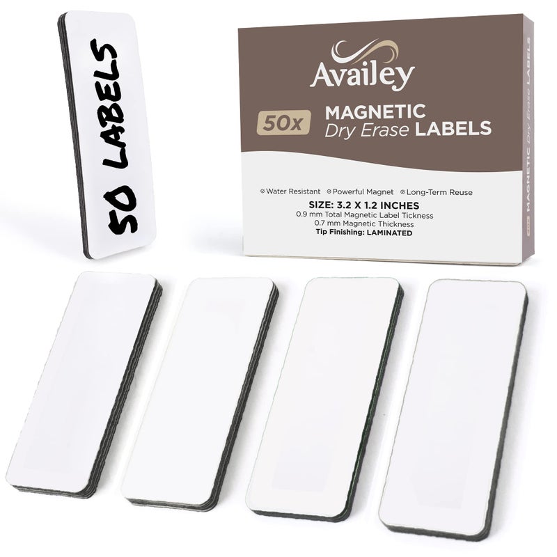 Availey. Availey 50 Pieces (3.2 x 1.2) - White Magnetic Dry Erase Labels - Reusable Strips for Classroom Home Office Garage Refrigerator Blank Writable Erasable Cards Name Tags Students Locker Shelf - Image 1