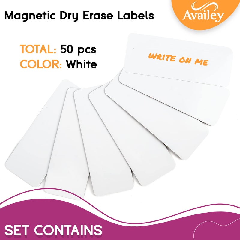 Availey. Availey 50 Pieces (3.2 x 1.2) - White Magnetic Dry Erase Labels - Reusable Strips for Classroom Home Office Garage Refrigerator Blank Writable Erasable Cards Name Tags Students Locker Shelf - Image 2