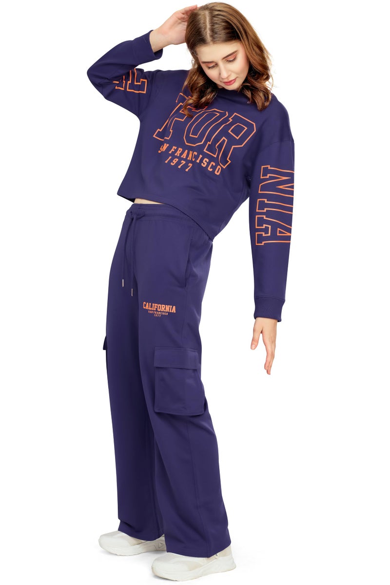 ZEYO Women's Cotton Blue Track suit Typography Printed Crop Top Co-ords set 5818 - Image 1