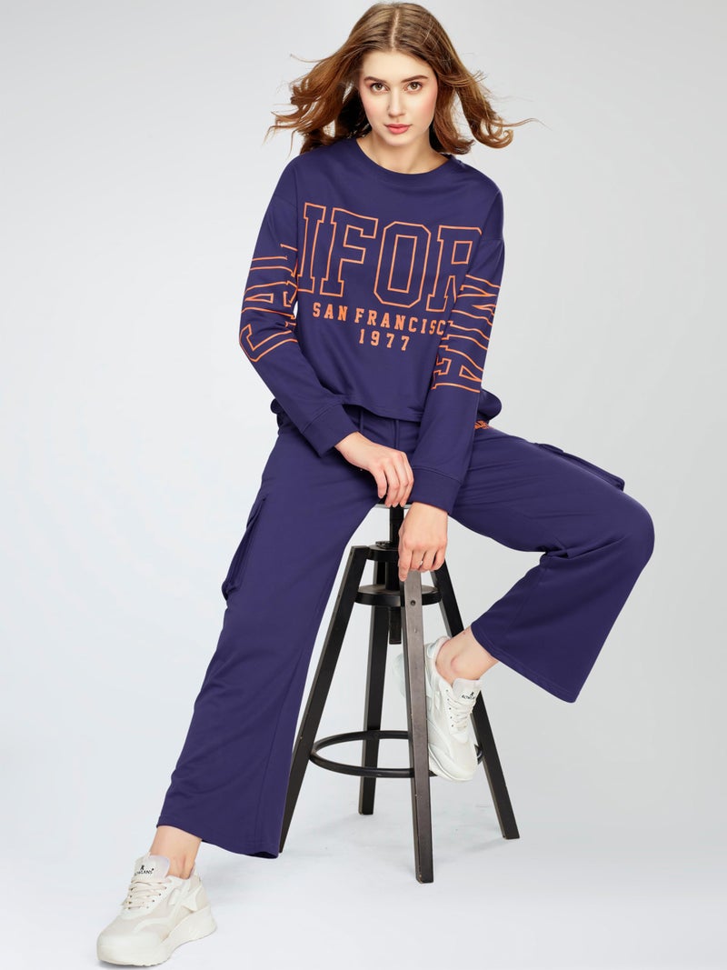 ZEYO Women's Cotton Blue Track suit Typography Printed Crop Top Co-ords set 5818 - Image 3