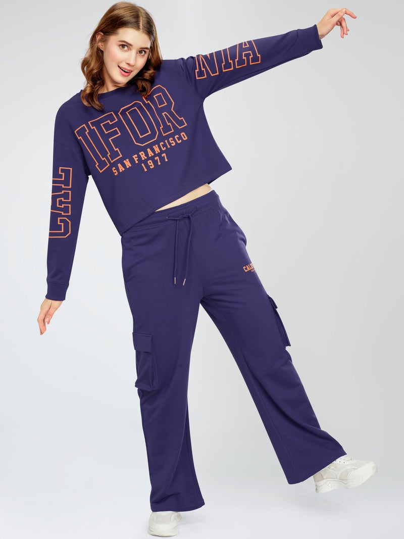 ZEYO Women's Cotton Blue Track suit Typography Printed Crop Top Co-ords set 5818 - Image 4