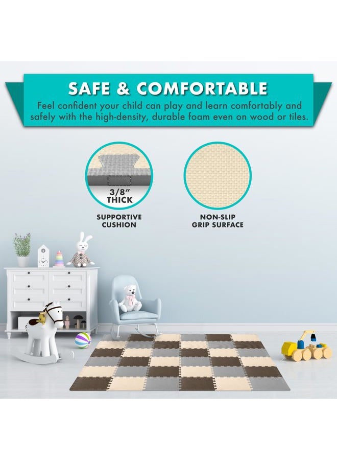ProSource Foam Puzzle Floor Play Mat for Kids and Babies with Solid Colors, Interlocking Tiles with Borders, Brown/Beige/Grey - 36 Tiles - Image 4
