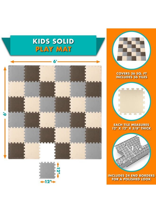 ProSource Foam Puzzle Floor Play Mat for Kids and Babies with Solid Colors, Interlocking Tiles with Borders, Brown/Beige/Grey - 36 Tiles - Image 2