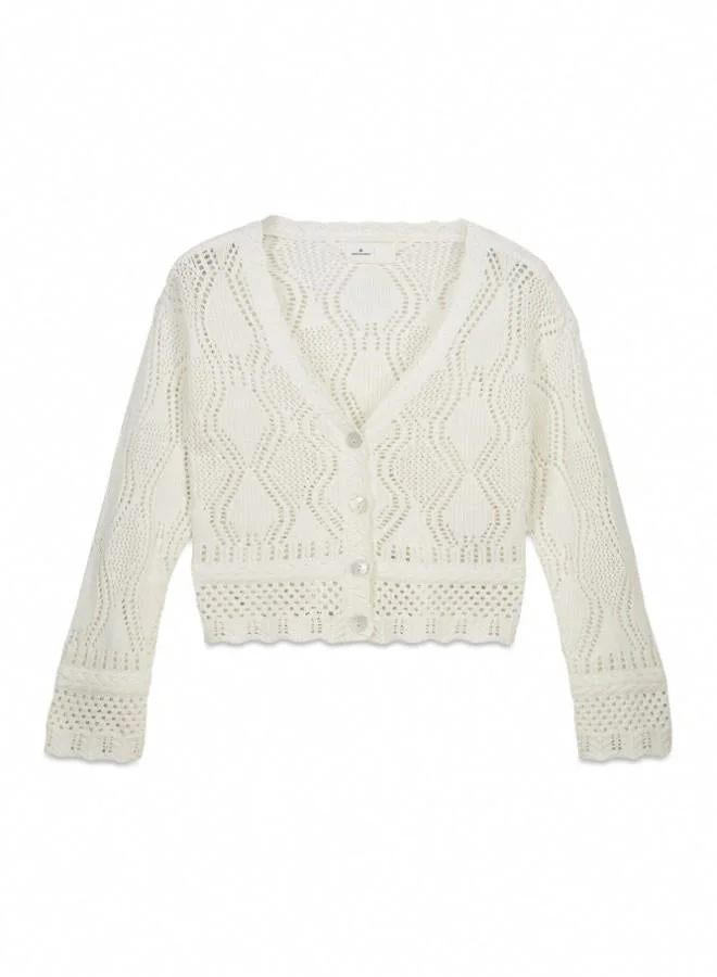 Springfield  White pointelle knit V-neck volume long sleeve openwork ribbed front button cardigan for Women | Best Price UAE