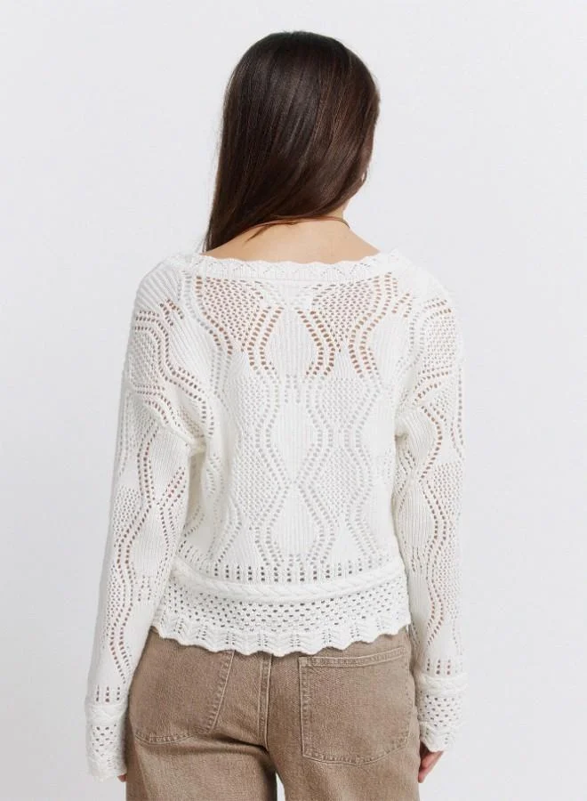 Springfield  White pointelle knit V-neck volume long sleeve openwork ribbed front button cardigan for Women | Best Price UAE