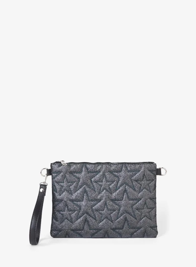 Women's Smoked Glitter Star Embroidered Synthetic Leather Wrist and Chain Strap Portfolio Hand and Clutch Bag.