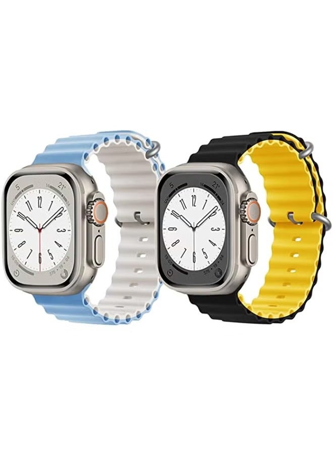vesus - Silicone Ocean Band Strap for Apple Watch Ultra 8 49mm Sky Blue/White Double Side Strap with Black/Yellow Double Side Strap Set of 2 - Image 1