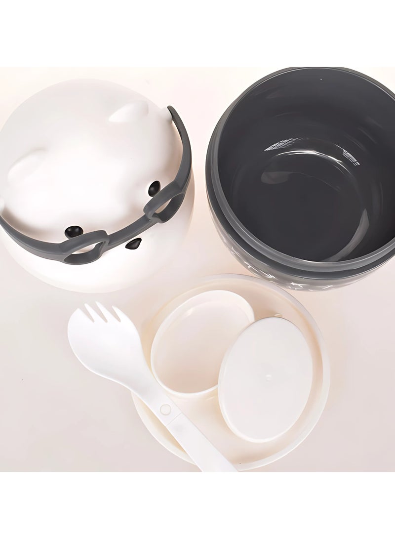 تويسو صندوق غداء مزدوج الطبقات من Twisoo Cute Bear - 450 مل، خالٍ من مادة BPA، مانع للتسرب، قابل للحمل، من مادة البولي بروبيلين الملائمة للطعام مع قفل وملعقة - مقصورتان، سهل الحمل، مثالي للأطفال والكبار (رمادي) - Image 2