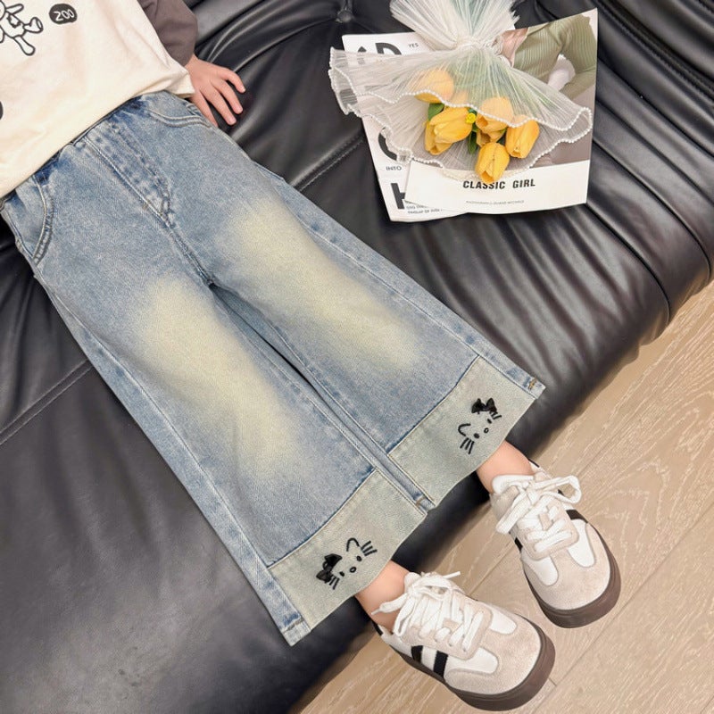 Girls' Wide-Leg Pants 2025 New Korean Style Fashionable Children'S Loose Stylish Baby Denim Straight Pants - Image 1