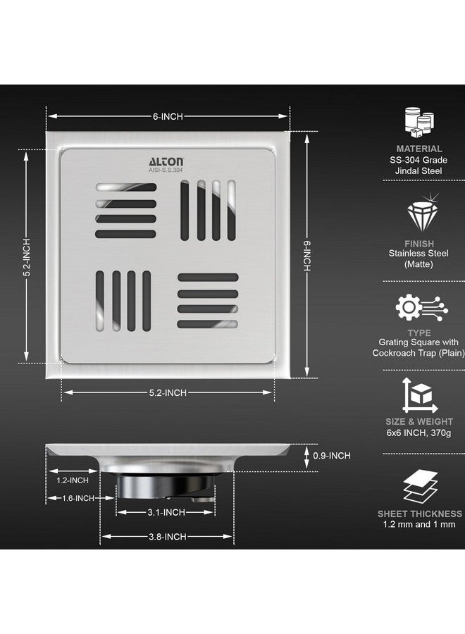 ALTON ALD1001, SS-304 Grade, 6x6 INCH Plain, Bathroom Grating Square Floor Drain Jali with ABS Cockroach Trap, Matte - Image 2
