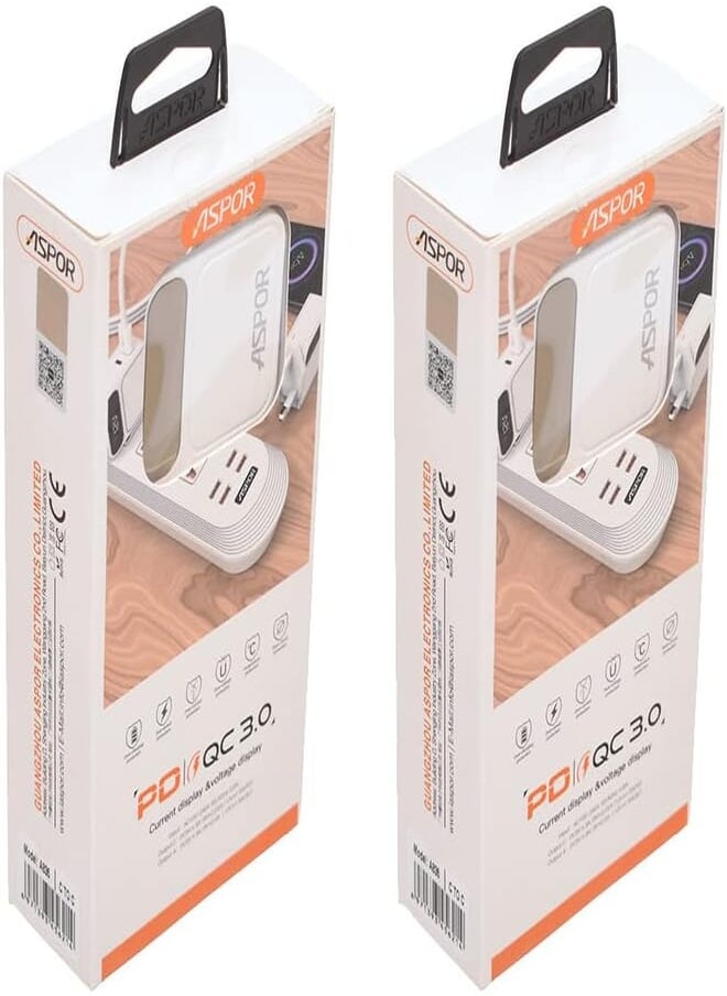 Aspor Aspor A835 LED Digital Display Fast Charger With PD And QC 3.0 EU For USB-C To USB-C Cable Set of 2 Pieces - White 