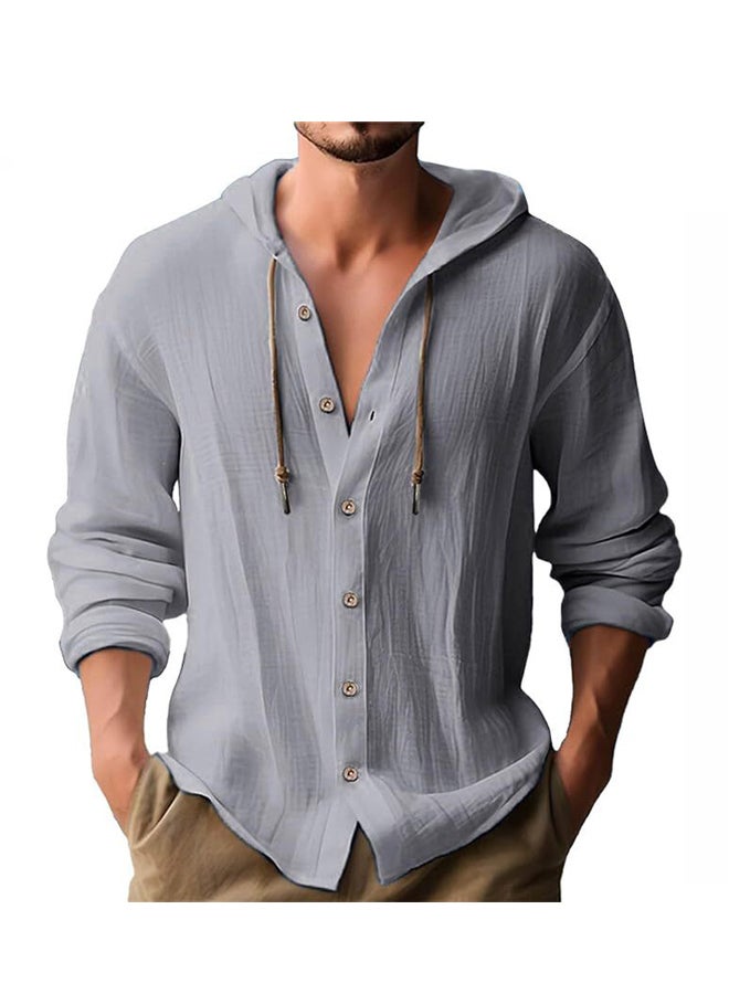 Men's Hooded T-Shirt  Summer Casual Cotton Linen Shirt Long Sleeve Top with Pocket  - Image 1