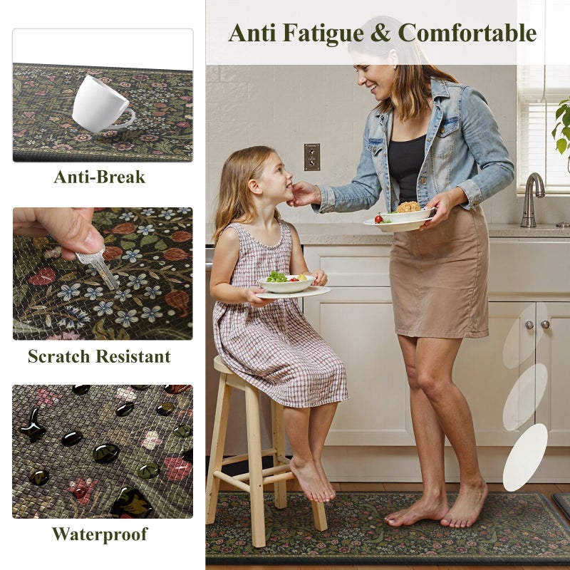 Collive Anti Fatigue Kitchen Mats, Spring Green Floral Kitchen Rugs Sets of 2 Non Slip Waterproof Standing Mat, Vintage Comfort Desk Rug for Office, Sink, Laundry, 17.3"x29"+17.3"x47" - Image 5
