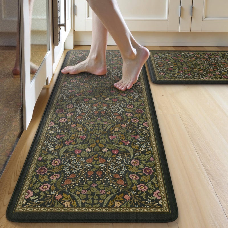 Collive Anti Fatigue Kitchen Mats, Spring Green Floral Kitchen Rugs Sets of 2 Non Slip Waterproof Standing Mat, Vintage Comfort Desk Rug for Office, Sink, Laundry, 17.3"x29"+17.3"x47" - Image 1