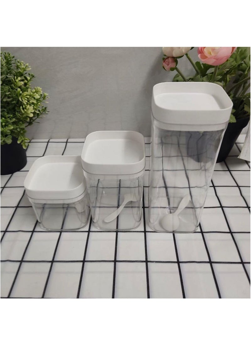 Generic Elegant Acrylic Spice Jars Set of 3 for Sugar, Coffee, Cereal, with Spoons and Airtight Plastic Lids, Different Sizes Canister Set for Kitchen, Cafe, Home (Beige)  - Image 3