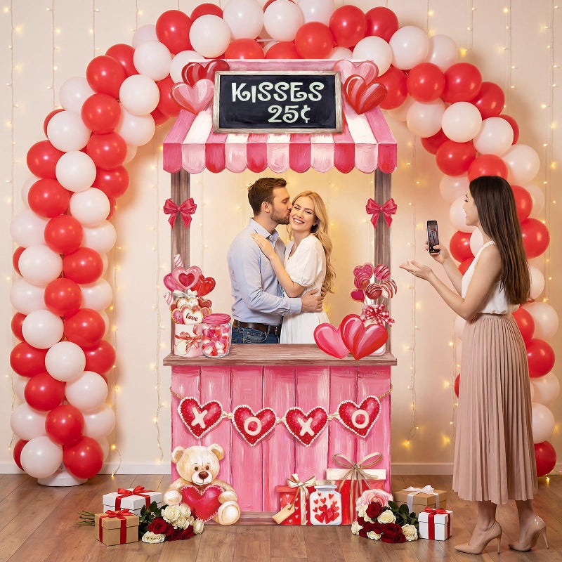WovWeave Valentine's Day Kissing Booth Backdrop 71x35 Inch - Romantic Red Pink Heart Photography Background for Couples, Large Fabric Love Banner for Party Decorations, Indoor Outdoor Selfie Props - Image 4