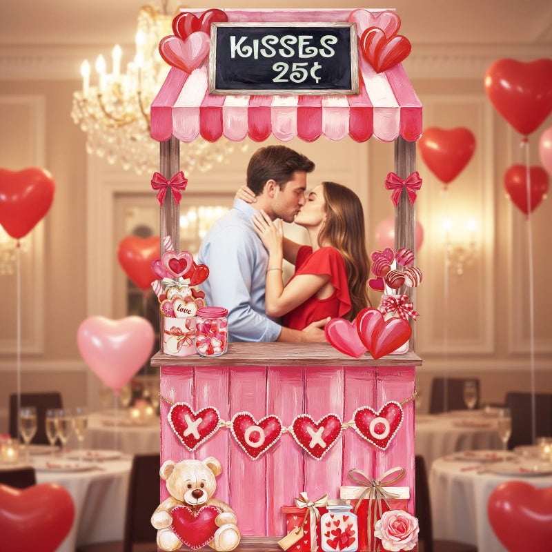 WovWeave Valentine's Day Kissing Booth Backdrop 71x35 Inch - Romantic Red Pink Heart Photography Background for Couples, Large Fabric Love Banner for Party Decorations, Indoor Outdoor Selfie Props - Image 1