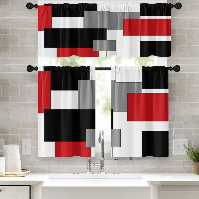 Tayney Red Kitchen Window Curtains Valance and Tier Set 36 Inch Black Grey Modern Rod Pocket Short Tier Curtain for Bathroom Abstract Art Small Cafe Drapes for Kitchen Decor