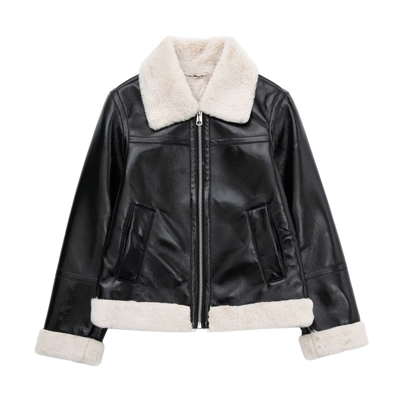 Amazon cross-border foreign trade European and American womens 2024 autumn and winter new street fashion lapel double-sided jacket coat Black 
