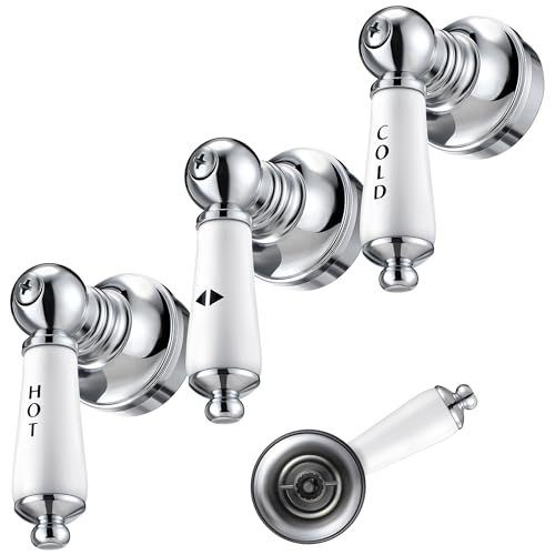 Enhon 3 Pcs Handle Set Compatible with PricePfister Shower Valve Hot Cold and Diverter Handle Fits 12 Point Broach Stem Chrome Finish WhiteLever - Image 1