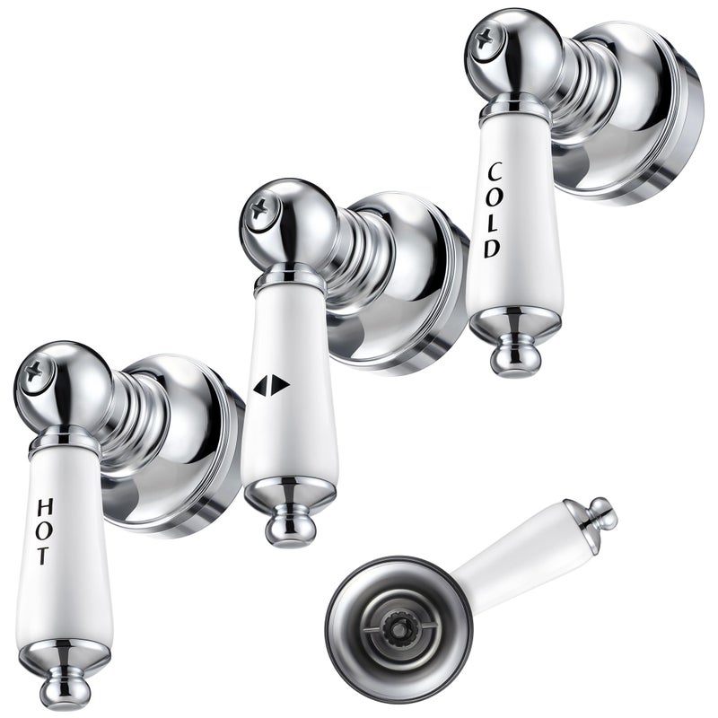 Enhon 3 Pcs Handle Set Compatible with PricePfister Shower Valve Hot Cold and Diverter Handle Fits 12 Point Broach Stem Chrome Finish WhiteLever - Image 2