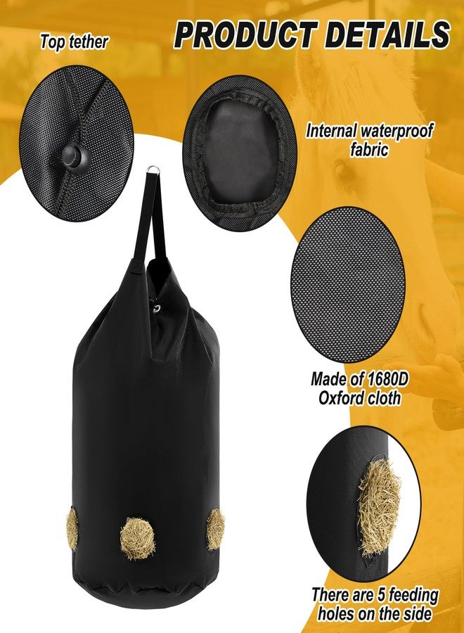 Ribbonlic 2 Pcs hay Bags for Horses Goats Slow Feed 1680D Oxford Bag Black Large Capacity Net Open Feed Hole Hay Holder for Horse Goats Sheep(5 Holes) - Image 2