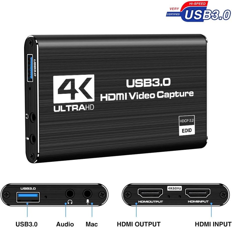 LEADNOVO Audio Video Capture Card, HDMI USB3.0 4K 1080P 60fps Reliable Portable Video Converter for Game Streaming Live Broadcasts Video Recording(Black) - Image 2