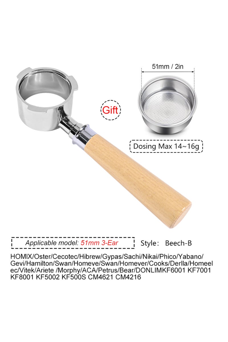 حامل فلتر قهوة بدون قاعدة من دونليم 51 مم - خشب الزان B، بقطر 51 مم، مع سلة تتسع لكوبين، متوافق مع هوميكس، هايبرو h11، أوستر