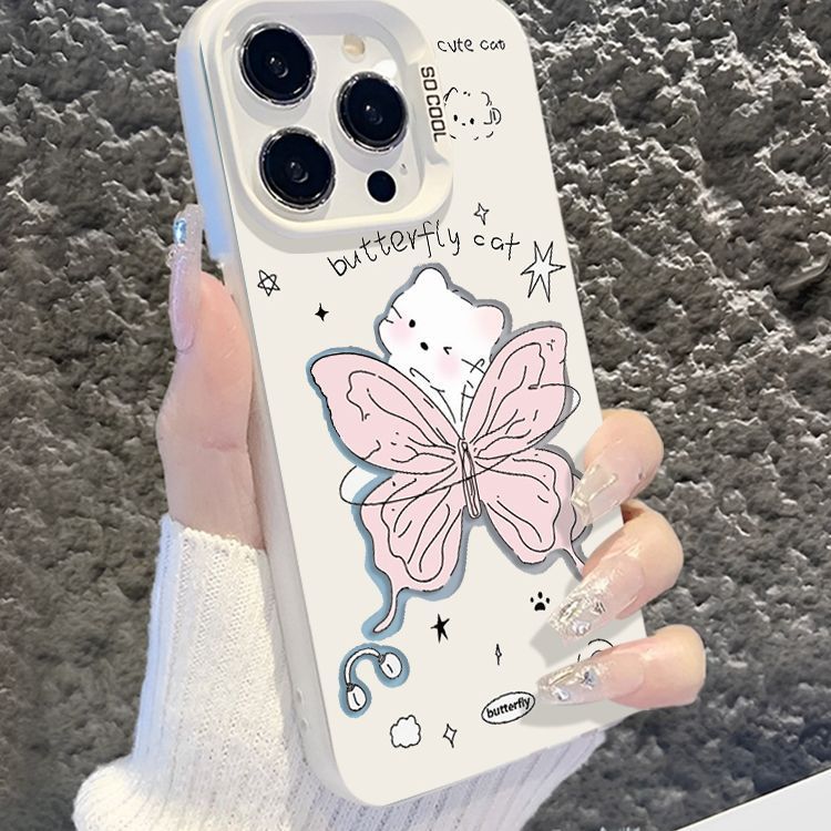 Apple iPhone 16 Pro Phone Case with Butterfly and Cat Design, Translucent White, Drop-Proof - Image 3