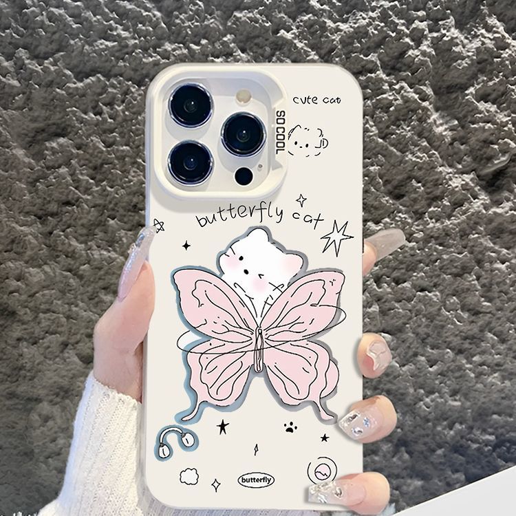 Apple iPhone 16 Pro Phone Case with Butterfly and Cat Design, Translucent White, Drop-Proof - Image 1