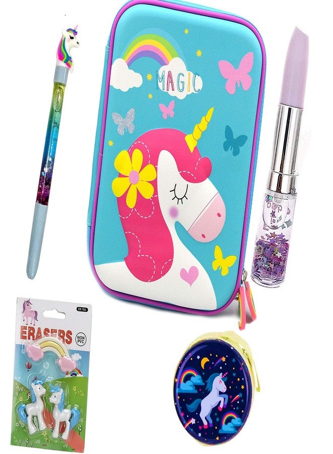 JOUET (Pack of 5 Unicorn Pencil Case/Unicorn Glitter Pen/Unicorn Eraser/Lipstick Pen for Girls/Unicorn Design Metal Tin Case Pouch (Blue, Unicorn Magic - Pack of 5) - Image 1