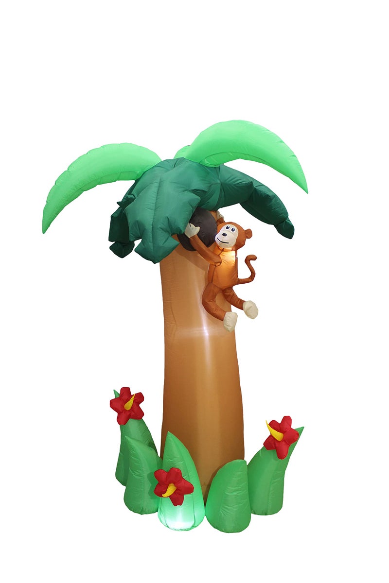 BZB Goods 6 Foot Tall Jumbo Summer Party Inflatable Palm Tree with Monkey Coconut and Flower Pre-Lit LED Lights Outdoor Indoor Lawn Yard Holiday Decoration Blow up Home Garden Decor - Image 1