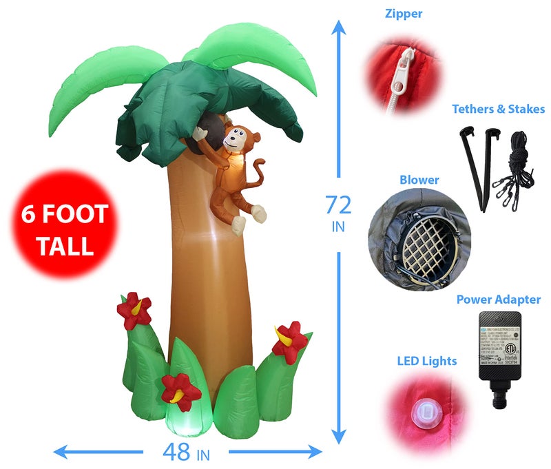 BZB Goods 6 Foot Tall Jumbo Summer Party Inflatable Palm Tree with Monkey Coconut and Flower Pre-Lit LED Lights Outdoor Indoor Lawn Yard Holiday Decoration Blow up Home Garden Decor - Image 2