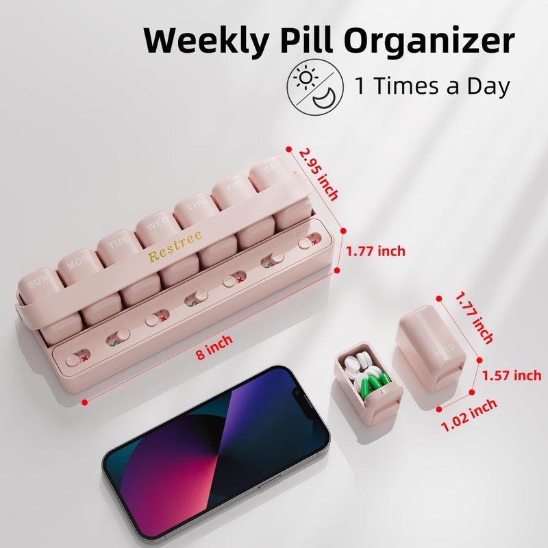 Restree Weekly Pill Organizer 7 Day, Large Capacity Pill Box with Reminder Indicator, Easy Slide Open Detachable Travel Pill Case for Vitamins Supplements & Daily Medications (Pink) - Image 2