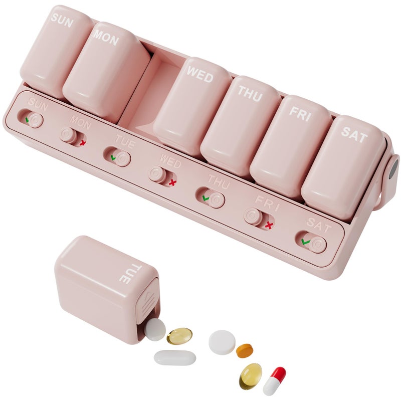 Restree Weekly Pill Organizer 7 Day, Large Capacity Pill Box with Reminder Indicator, Easy Slide Open Detachable Travel Pill Case for Vitamins Supplements & Daily Medications (Pink) - Image 1