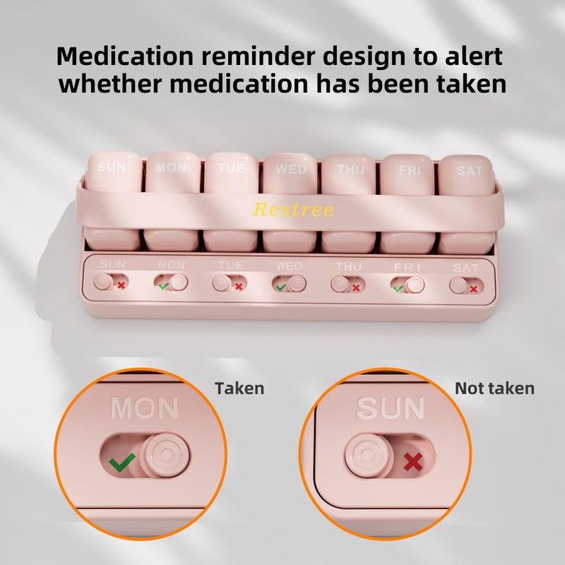 Restree Weekly Pill Organizer 7 Day, Large Capacity Pill Box with Reminder Indicator, Easy Slide Open Detachable Travel Pill Case for Vitamins Supplements & Daily Medications (Pink) - Image 3
