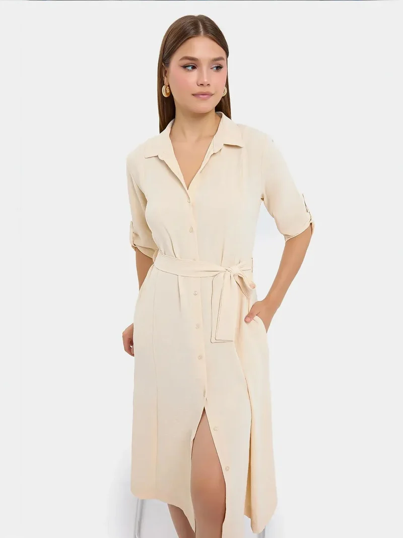 HICCUP Buttoned Shirt Collar Midi Dress with Front Slit