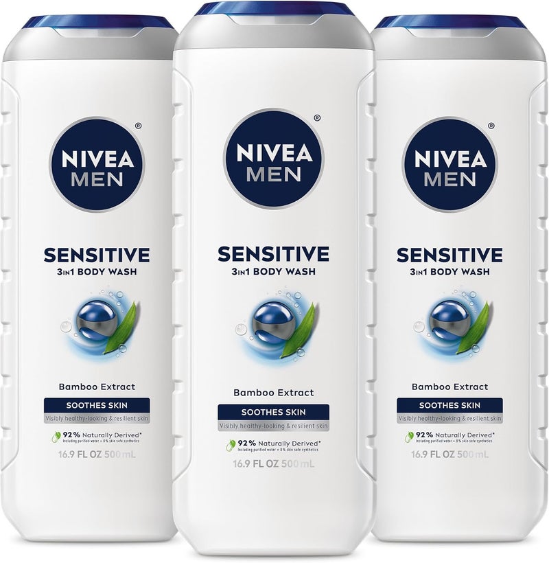 NIVEA MEN Sensitive 3-in-1 Body Wash with Bamboo Extract - 3 Pack of 16.9 Fl Oz Bottles - Image 1